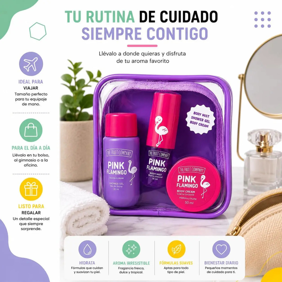 Set Corporal Pink Flamingo – The Fruit Company | Gel + Crema + Bruma