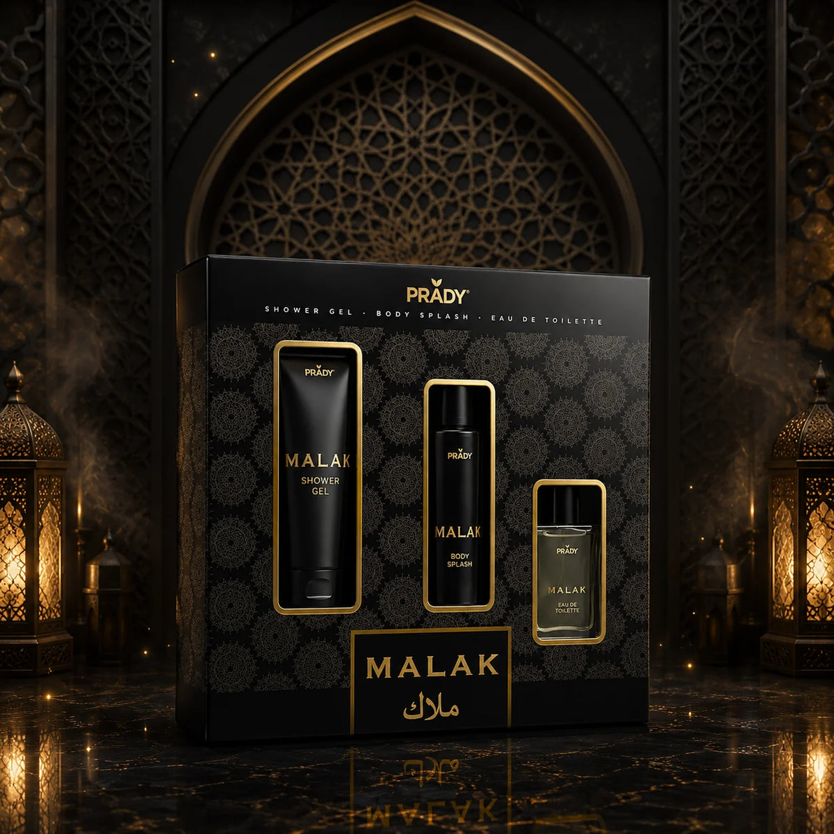 Set de Perfume Árabe Malak Prady – Eau de Toilette + Body Splash + Gel de Ducha
