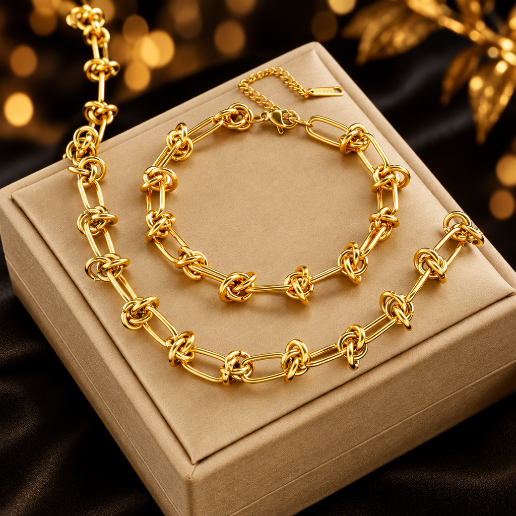 Set Collar y Pulsera Nudo Trenzado – Acero Inoxidable Dorado/Plateado